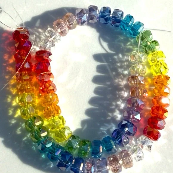 Glass Rainbow Wide Cut Faceted 8mm Rondel Beads Strand - 50+ Beads - Picture 3 of 5